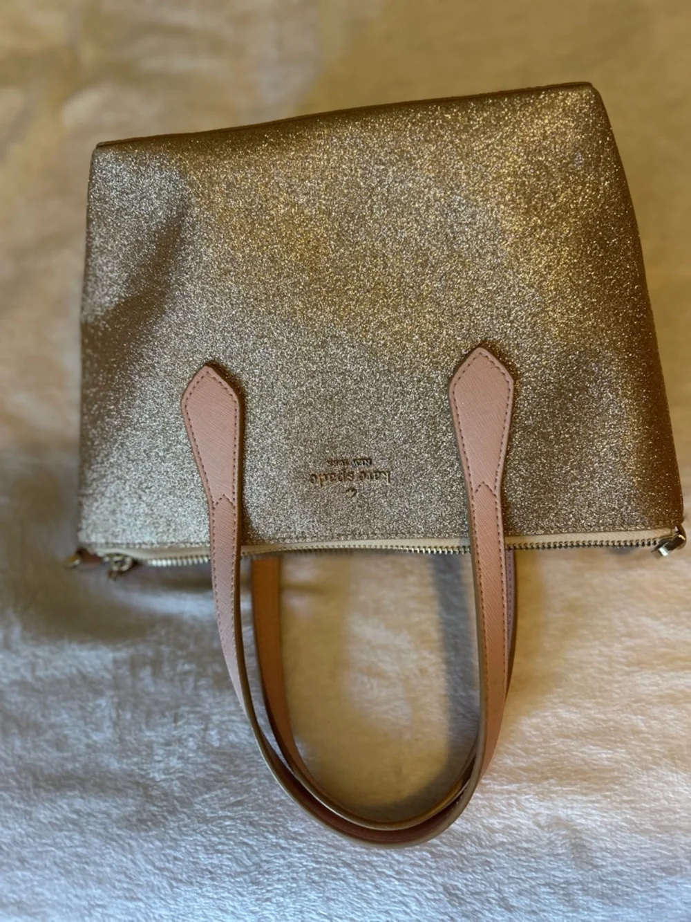 kate spade Glitter Tote in Metallic Rose with Pink Handles